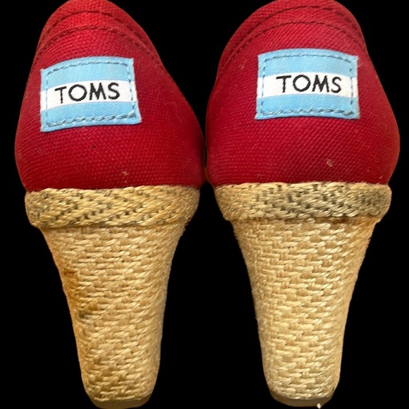 Toms Twill Classic Wedge Sandals Womens 6.5 Red Peep Toe Twine 3" Heel Shoes - Picture 7 of 12